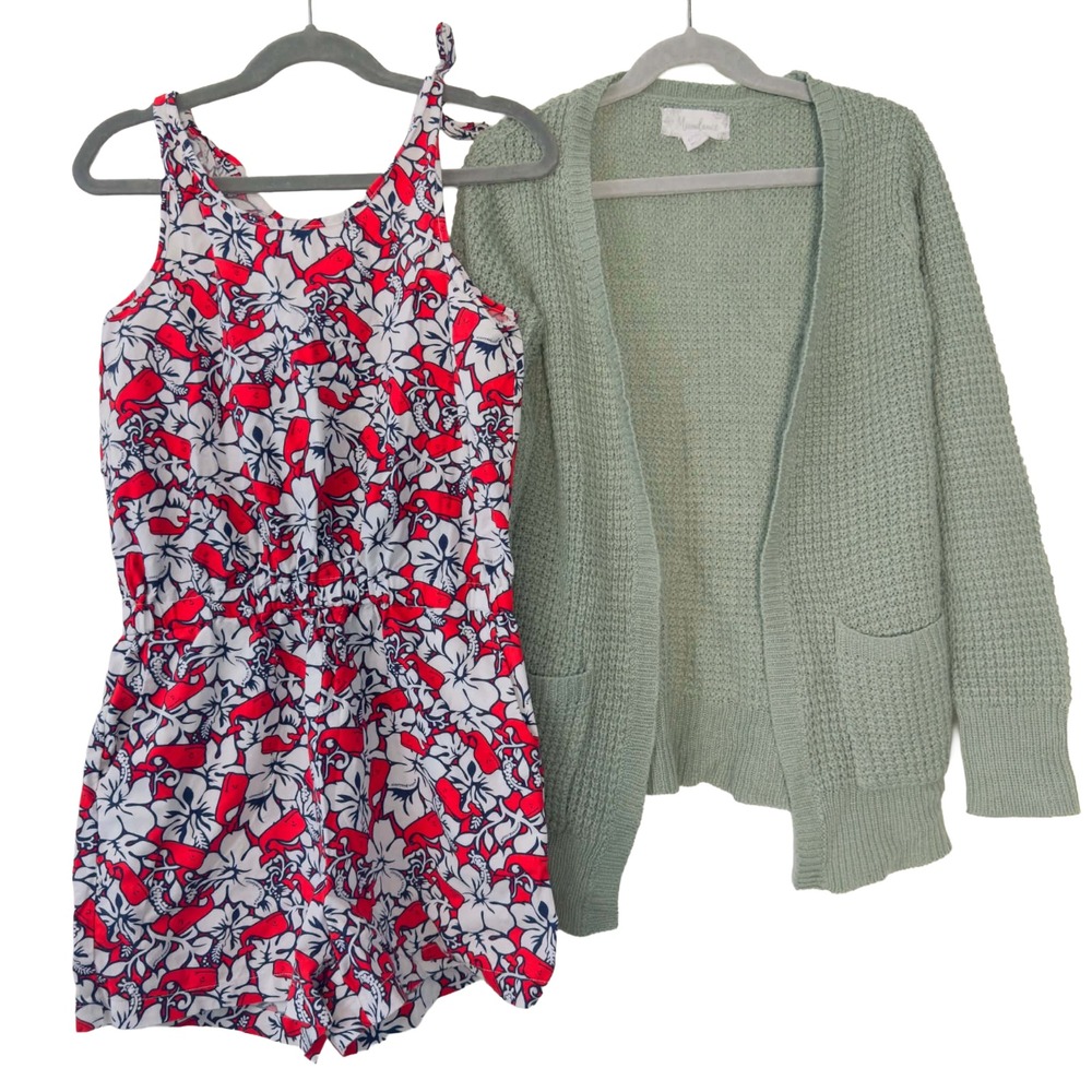 Vineyard Vines Girls Size 7/8 Whale Romper Sage Knit Cardigan Fall Outfit Lot 2